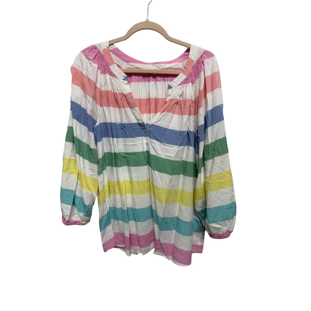 Crown & Ivy Women's XXL Rainbow Stripe Peasant Blouse Multicolor Boho Top